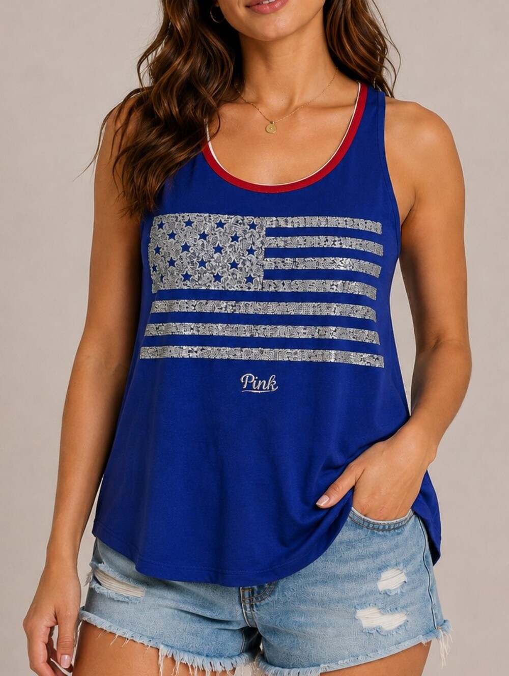 PINK VS | Women's USA Flag Silver Sequin Spellout Tank Top Size M*